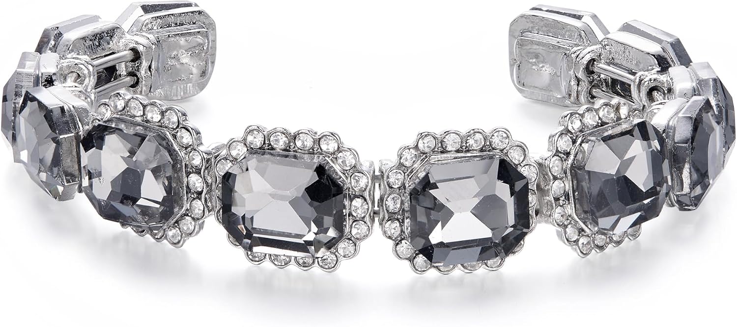 BriLove Women's Wedding Bridal Multi Emerald Cut Crystal Open Bangle Stretch Bracelet