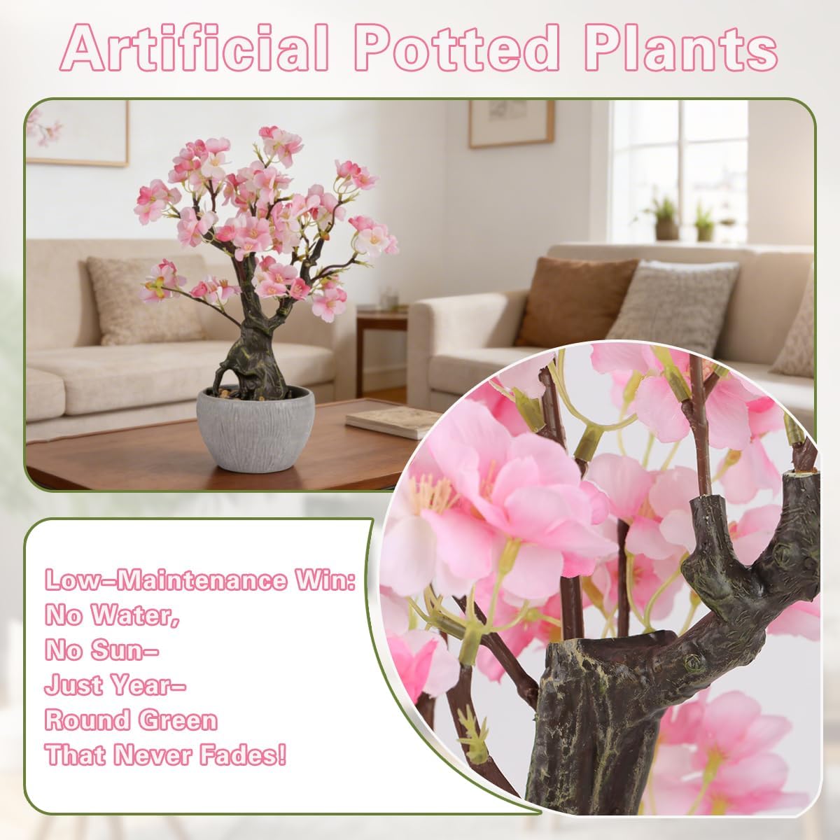 KAIRNE Artificial Pink Cherry Floral Potted,15.7'' Tall Fake Bonsai Flowers Tree,Blossom Faux Plants,Realistic Spring Decorative Branches Plants Potted,Decoration for Women Gifts Office Desk Decor