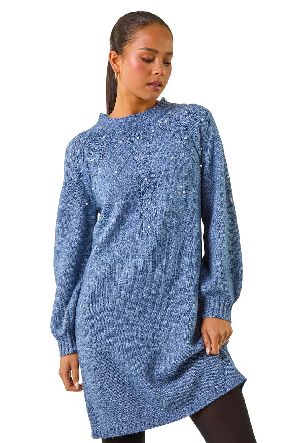 Roman Petite Women's Blue Embellished Faux Pearl Knit Dress Size 16
