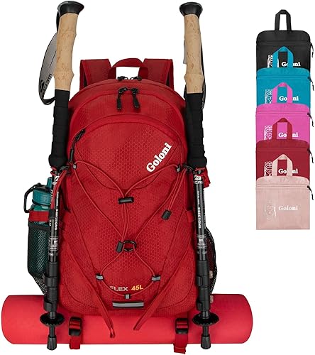 Mochila de senderismo de 45 L con cubierta para lluvia, mochila de campamento plegable ligera para senderismo, resistente al agua con poste de