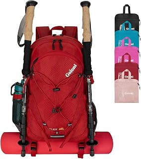 45L Hiking Backpack Lightweight Foldable, Waterproof Camping Backpack with Rain Cover & Hiking Pole Mat Carrying System, Ergonomic Water Resistant Daypack for Trekking Travel Men Women Red