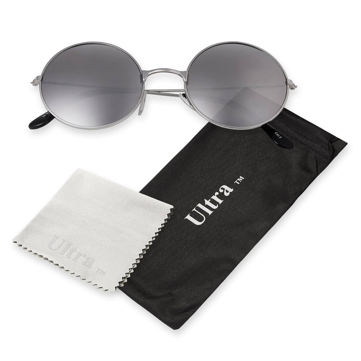 Ultra Large Round Retro Sunglasses UV400 - Large Circle Unisex Metal Frame with Spring Hinges, Carry Pouch & Cleaning Cloth Mens Womens Shades - Silver Mirrored
