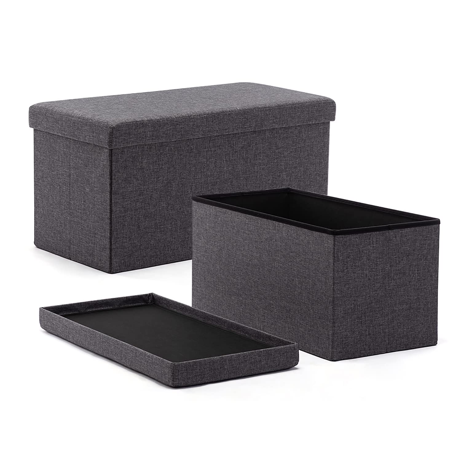 HNNHOMEFolding Storage Ottoman Footstool Box, Chest with Lid, Foldable Bench Seat for Living Room, Bedroom, Hallway (Dark Grey-Linen, 76 * 38 * 38)