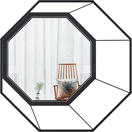 ANYHI Espejo octogonal negro para pared, espejo geométrico montado en la pared con visión 3D y marco de metal, perfecto para entrada, dormitorio,