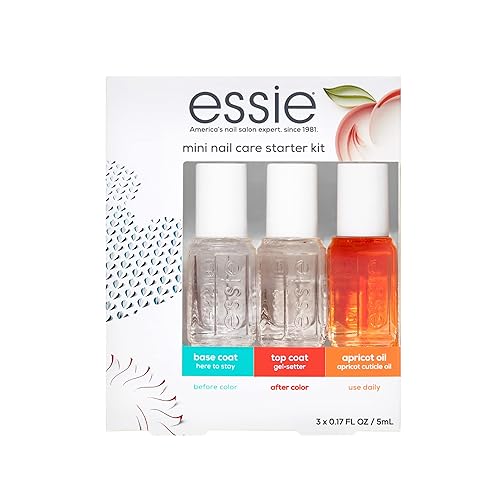 essie Esmalte de uñas de calidad de salón, 8 libres de vegano, mini juego básico de cuidado de uñas, incluye capa base, capa superior y aceite de