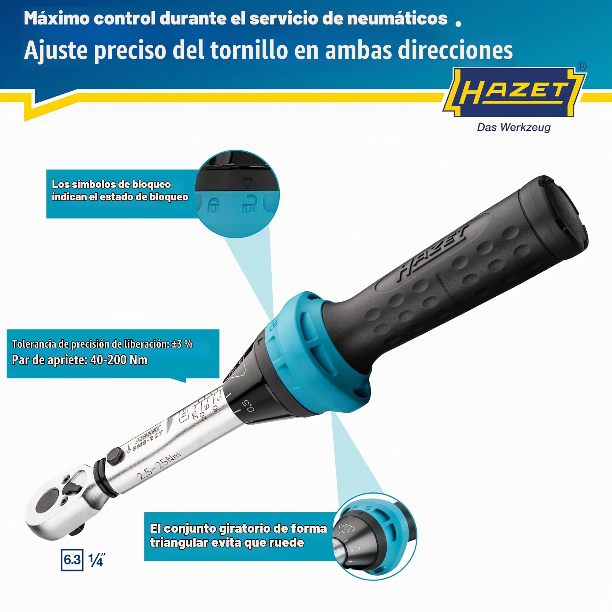Llave dinamométrica HAZET 5108-2CT para bicicletas I Salida: cuadrada 6,3 mm 1/4 pulgada, tolerancia: 4%, 2,5-25 Nm, graduación fina I Carraca reversible, para bicicletas 232 mm