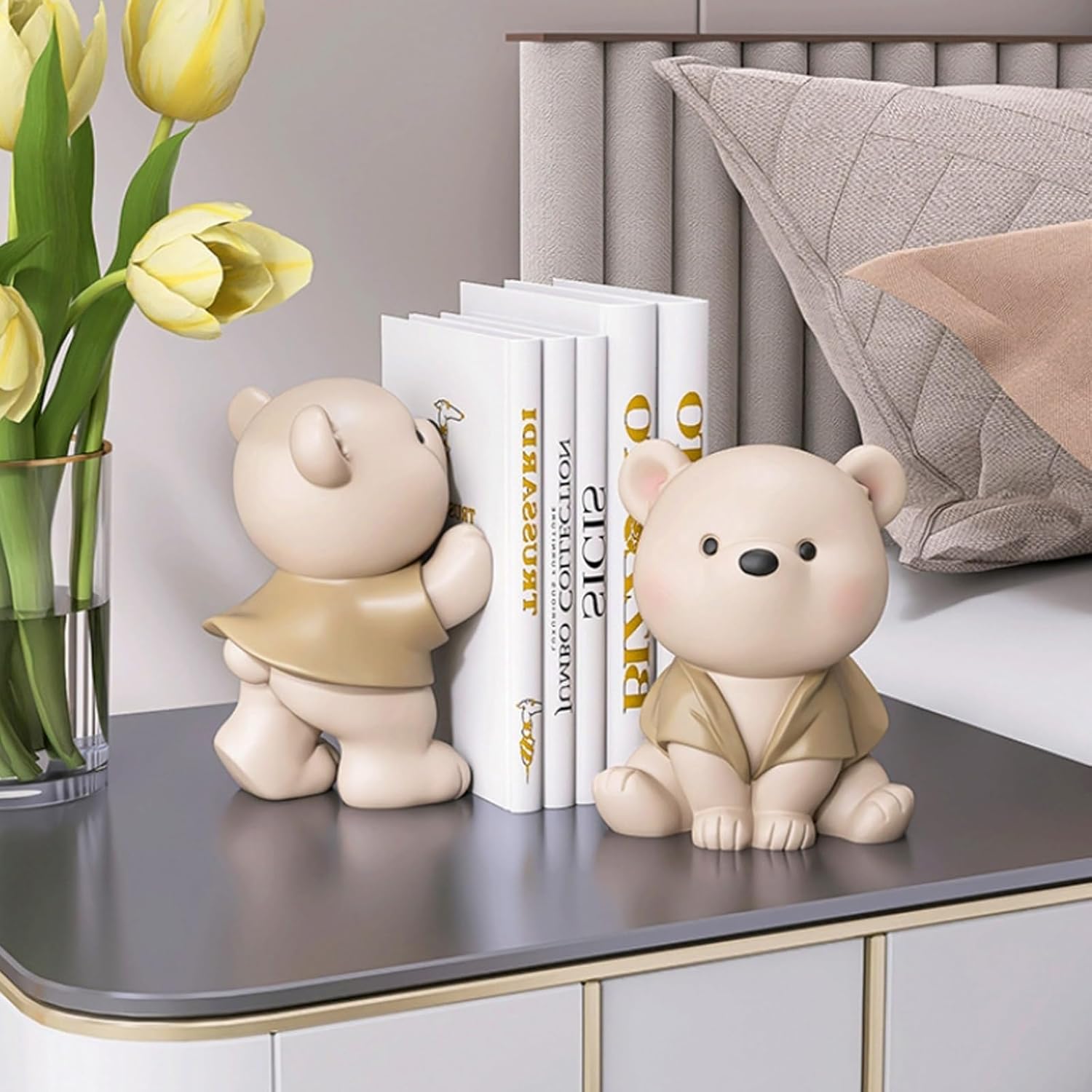 2PCS Cute Bear Shaped Ornament Bookends, Unique Cute Bear Decorative Book Ends, Resin Bookend for Shelves, Non-Skid Bookend for Books, Holiday Housewarming Gifts for Women, Kids, Co-Workers