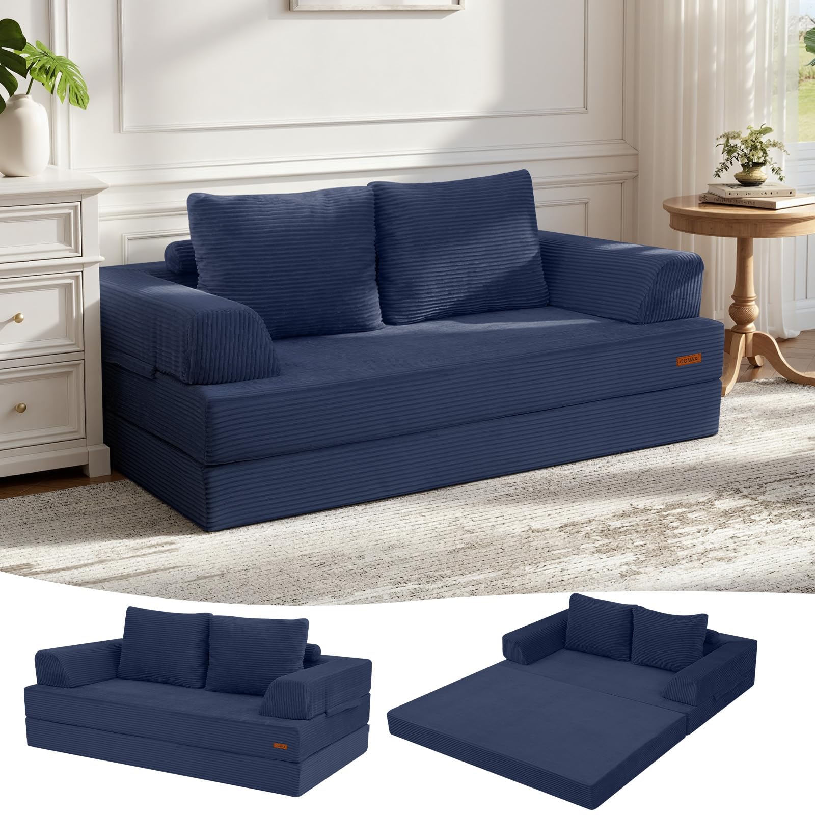 MeMoreCool Convertible Sofa Bed, Folding Floor Boneless Couch with Corduroy Cover, Fold Out Sleeper Mattress with Pillows, Comfy Foam Lounge Loveseat for Living Room Bedroom Guest Room, Navy Blue — image 1