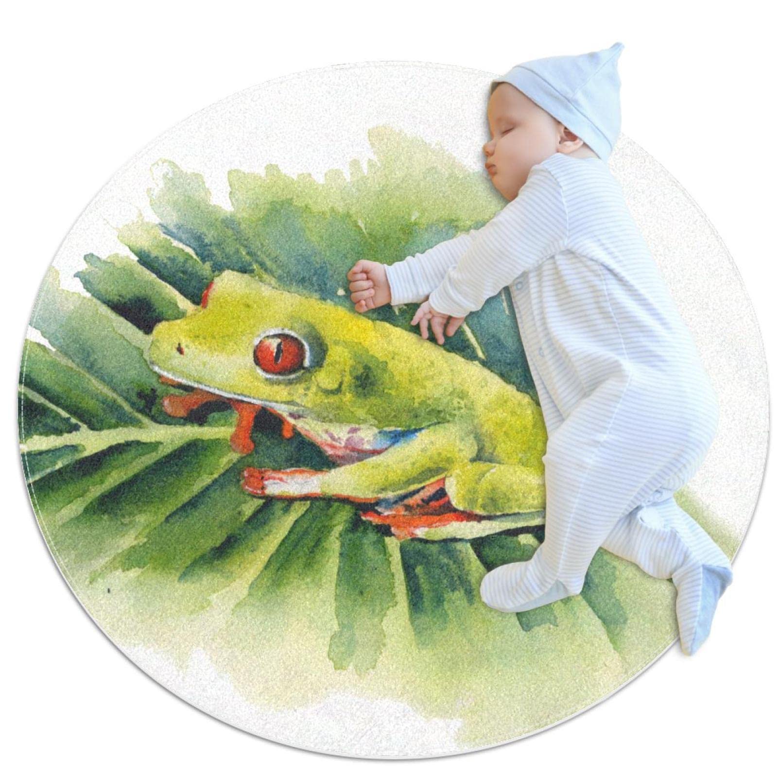 Tapis rond pour entrée de cuisine grenouille vert feuille 80cm