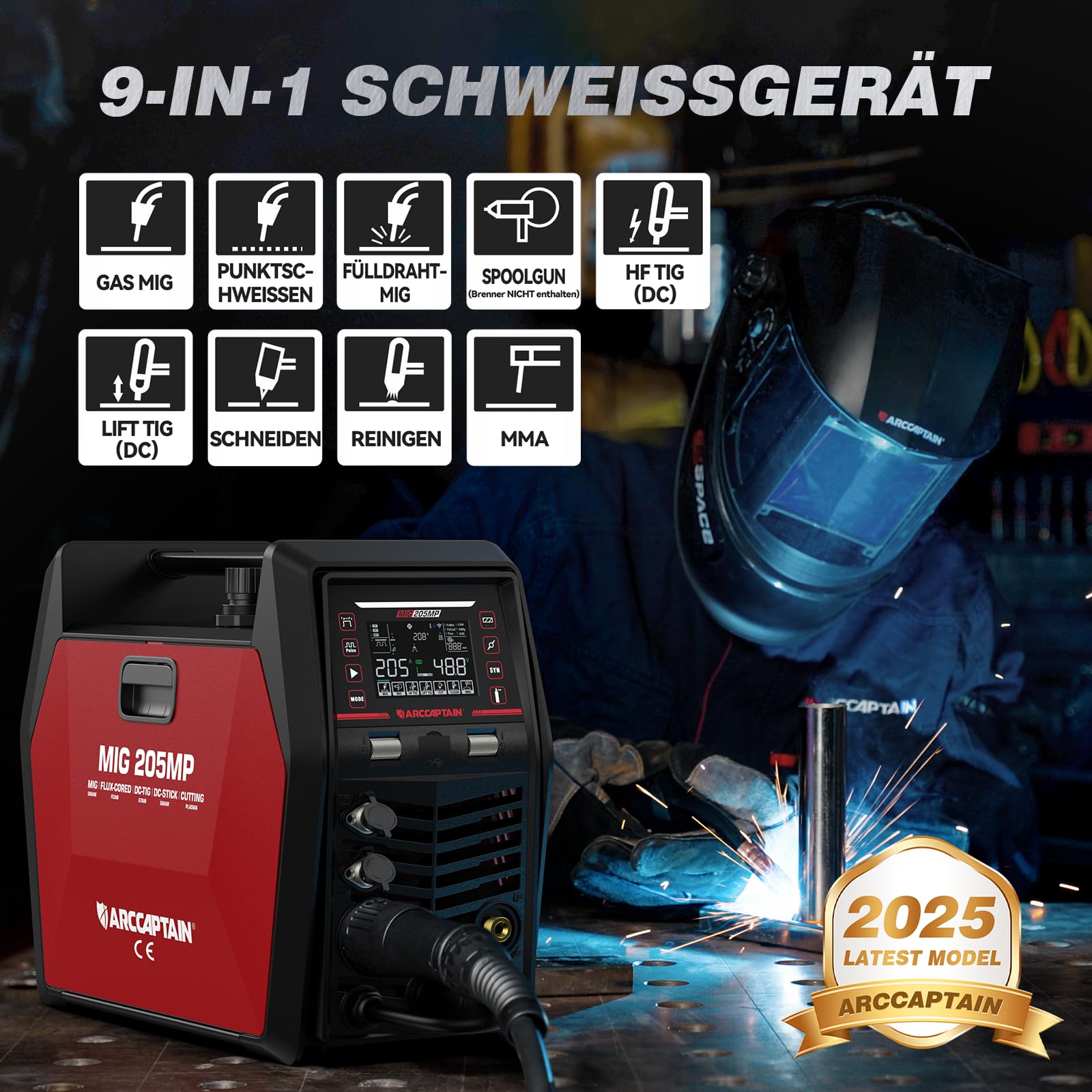 ARCCAPTAIN MIG205MP 9 in 1 iControl App‑steuerung MIG‑Schweißgerät/Plasmaschneider/Puls‑MIG/Flux‑Core/Spool Gun/DC HF/Lift TIG/Clean/MMA‑Aluminium‑Schweißgerät 230V Mehrprozess‑Schweißgerät