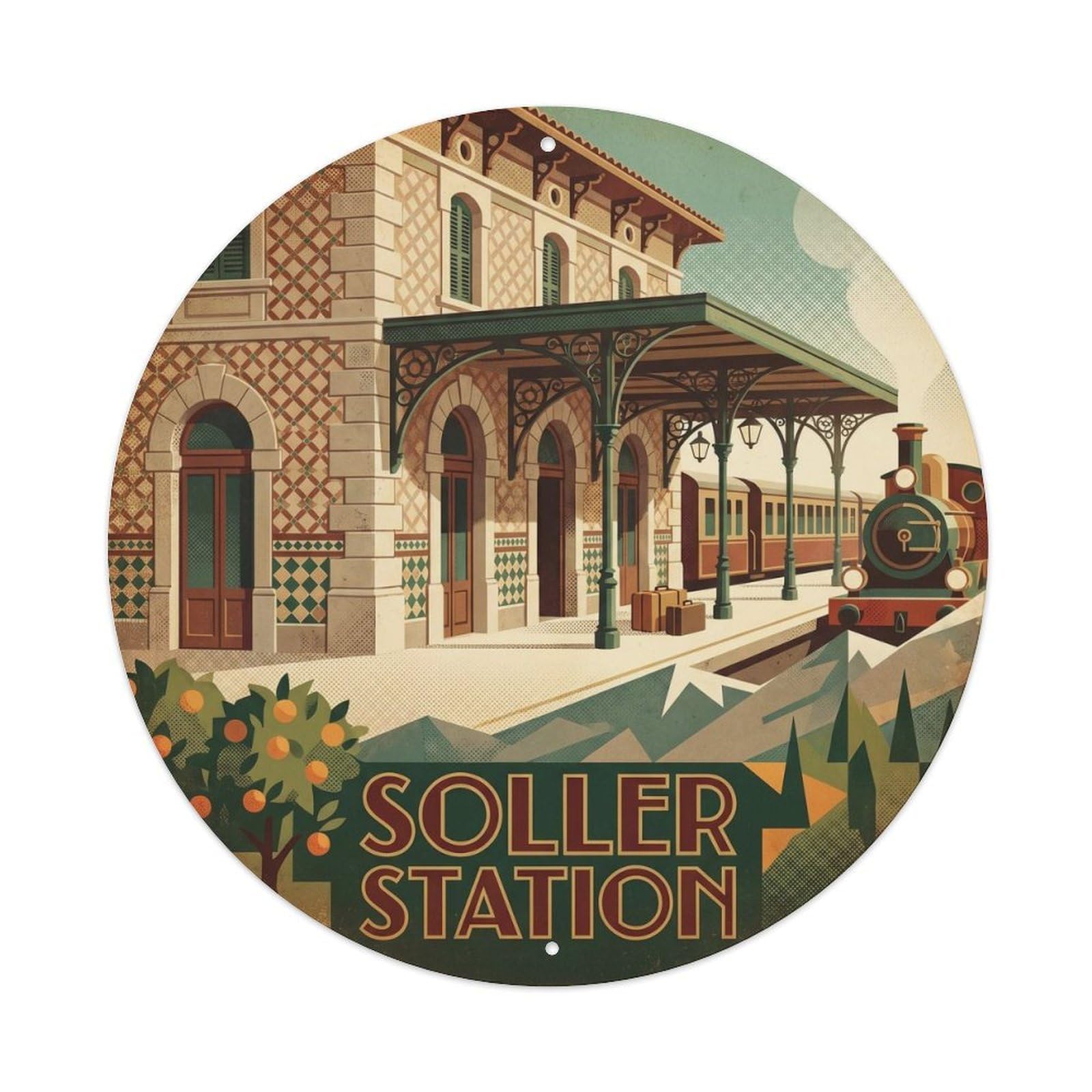 Olyhtr 8X8inch Classic Style Soller Train Station Mallorca Vintage Rail Metal Tin Sign