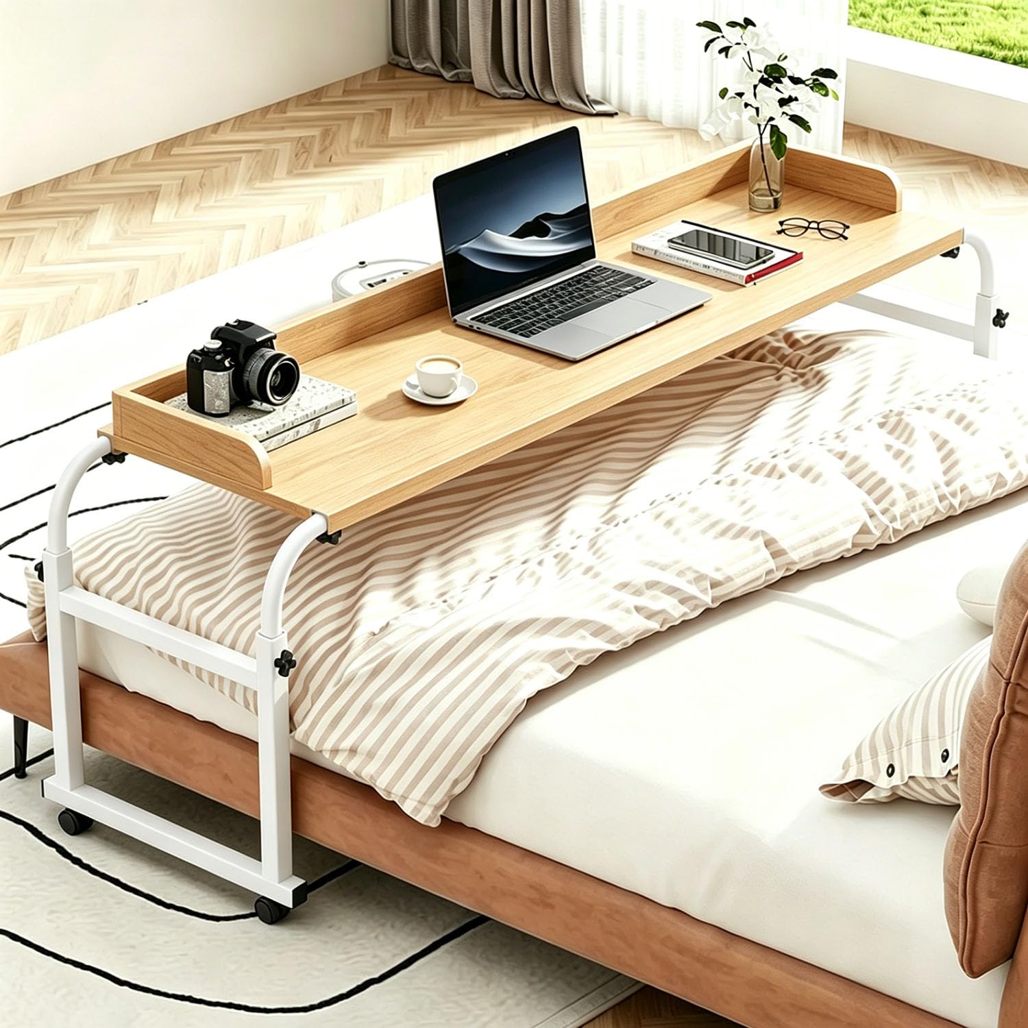 GXQFC Overbed Rolling Desk with Anti-Drop Surround Edge, Height Adjustable Movable Cross-Bed Table, Lockable Casters Wide Desktop for Working and Eating in Bed(Color:Wood)