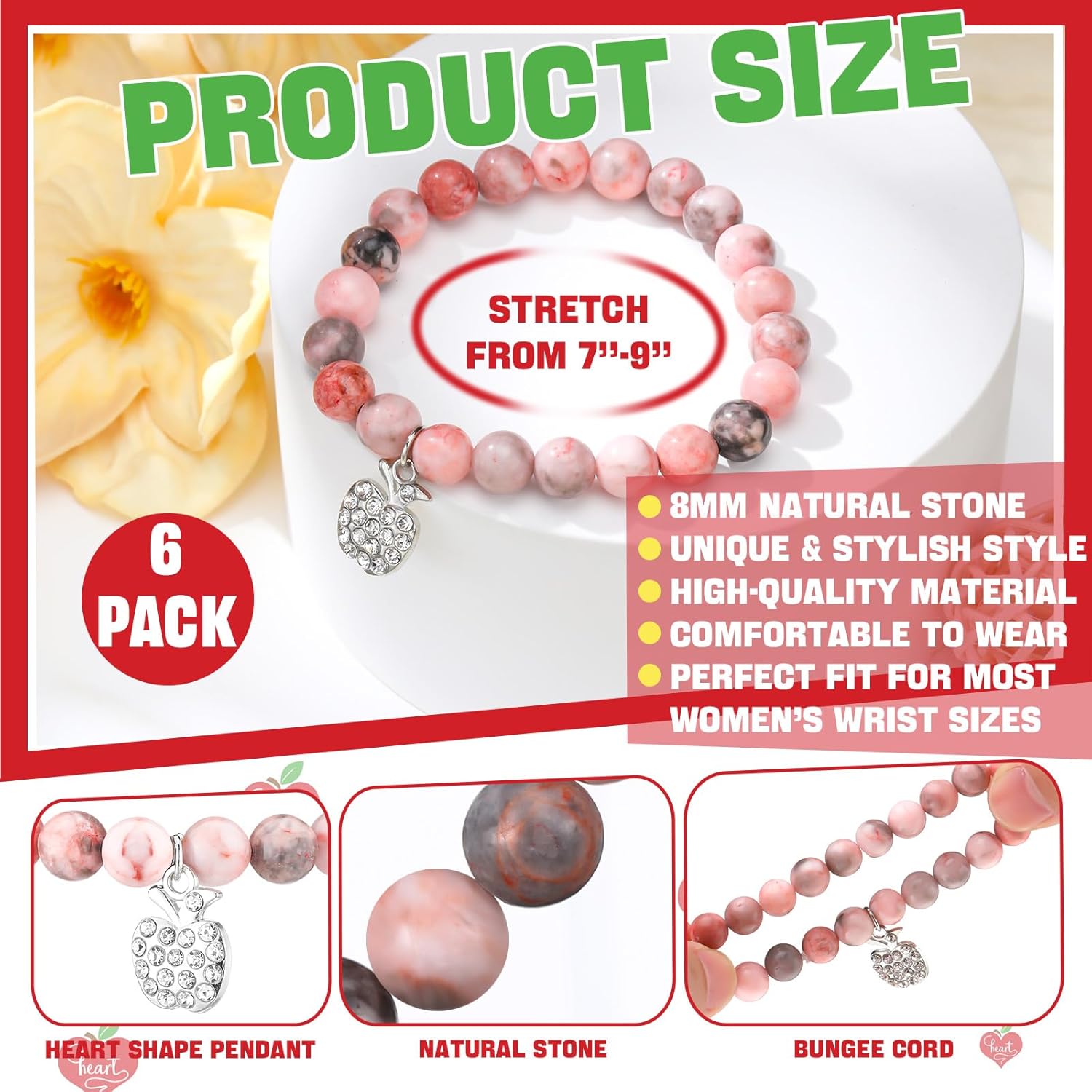 Tondiamo 6 Sets/18 Pcs Valentine's Day Teacher Appreciation Gifts for Women Valentine Gift for Teachers Include 6 Natural Stone Bracelets 6 Cards 6 Canvas Makeup Bags Thank You Gifts from Student - Image 2