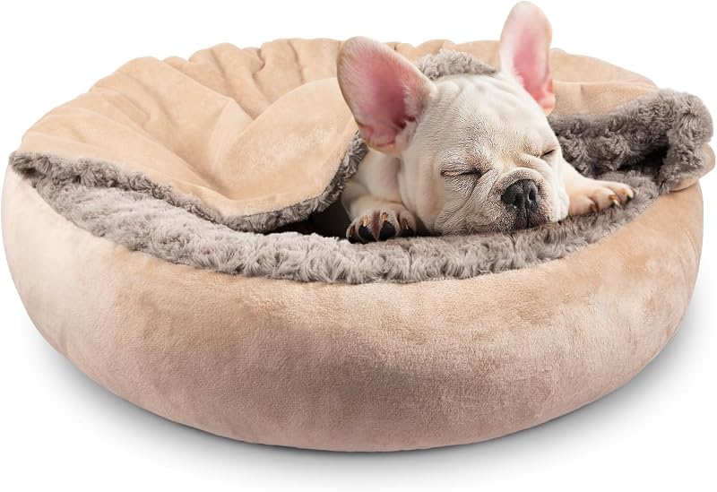 Cama redonda tipo toca para cães e gatos JOEJOY com manta, pelúcia macia e base antiderrapante – 66,04 x 66,04 x 20,32 cm