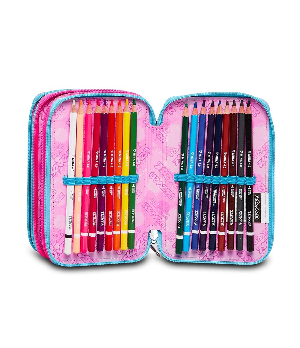 Seven, Astuccio Scuola 3 Zip LIQUID PAINT, Nero - Attrezzato con Matite, Pennarelli ecc.., Portapenne Scuola Bambino