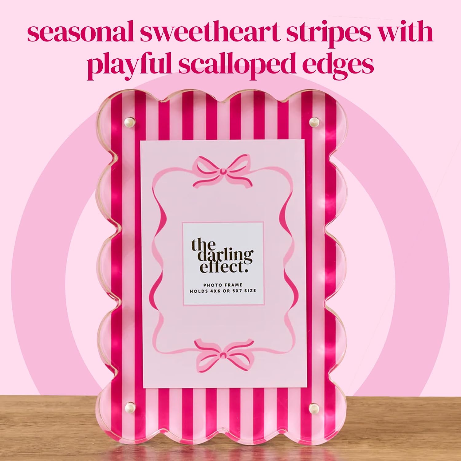 Rectangle Scalloped Acrylic Frame – Decorative Modern Photo Frame with Wavy Edges – Clear, Lightweight, Durable Picture Frames For Desk, Shelf & Home Décor - Mini Photo Frame, Sweetheart Stripes
