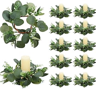 10 Pcs Candle Rings Eucalyptus Wreath, 10 Inch Green Artificial Eucalyptus Leaves Wreaths Candle Wreath Rings for Wedding Home Door Window Wall Tabletop Indoor Wreaths Decorating