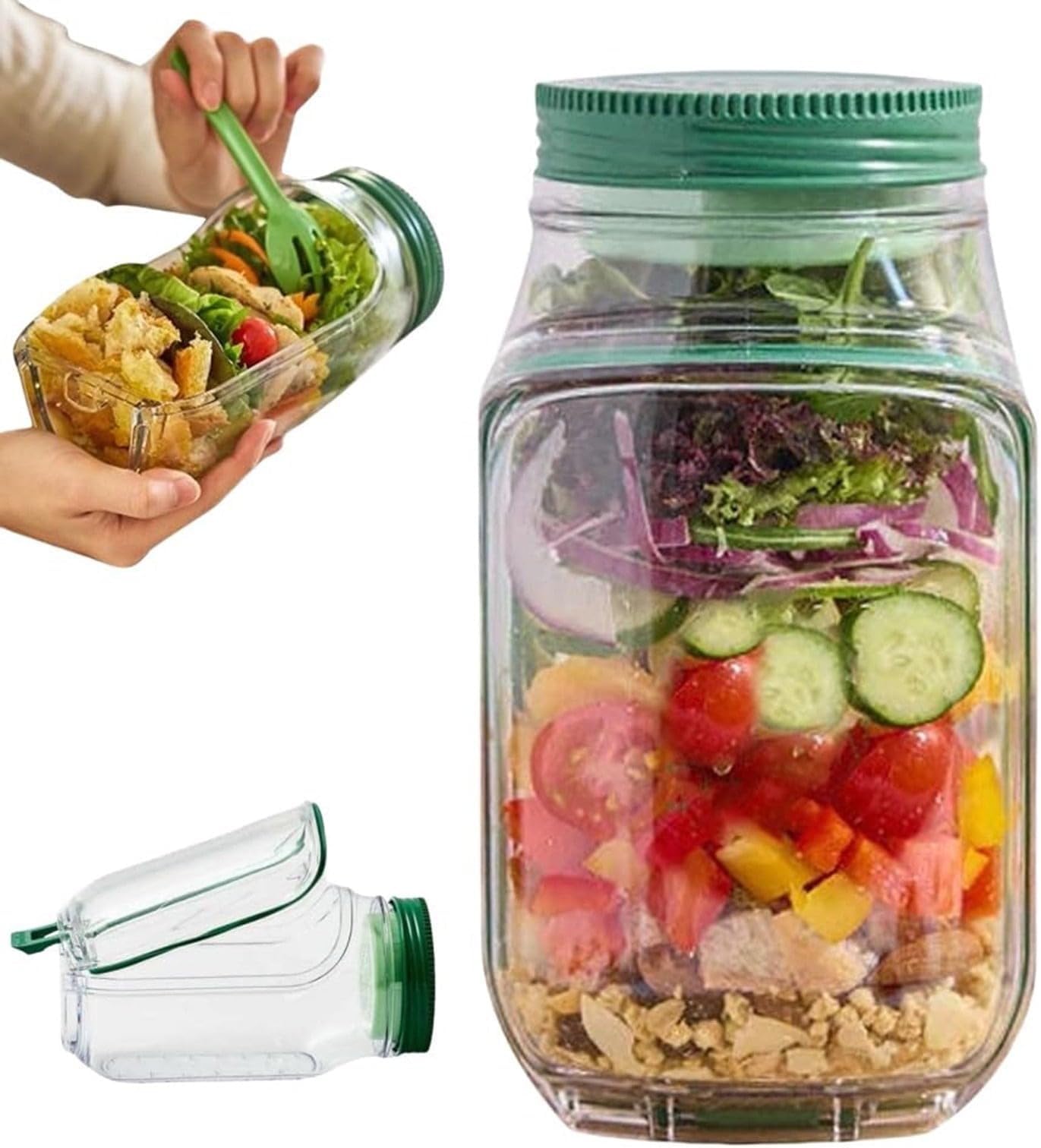 Salad Jar With Side Opening, Salad Jars With Dressing Cup, Reusable Food Storage for Home, Outdoor, Travel, and Meal Prep