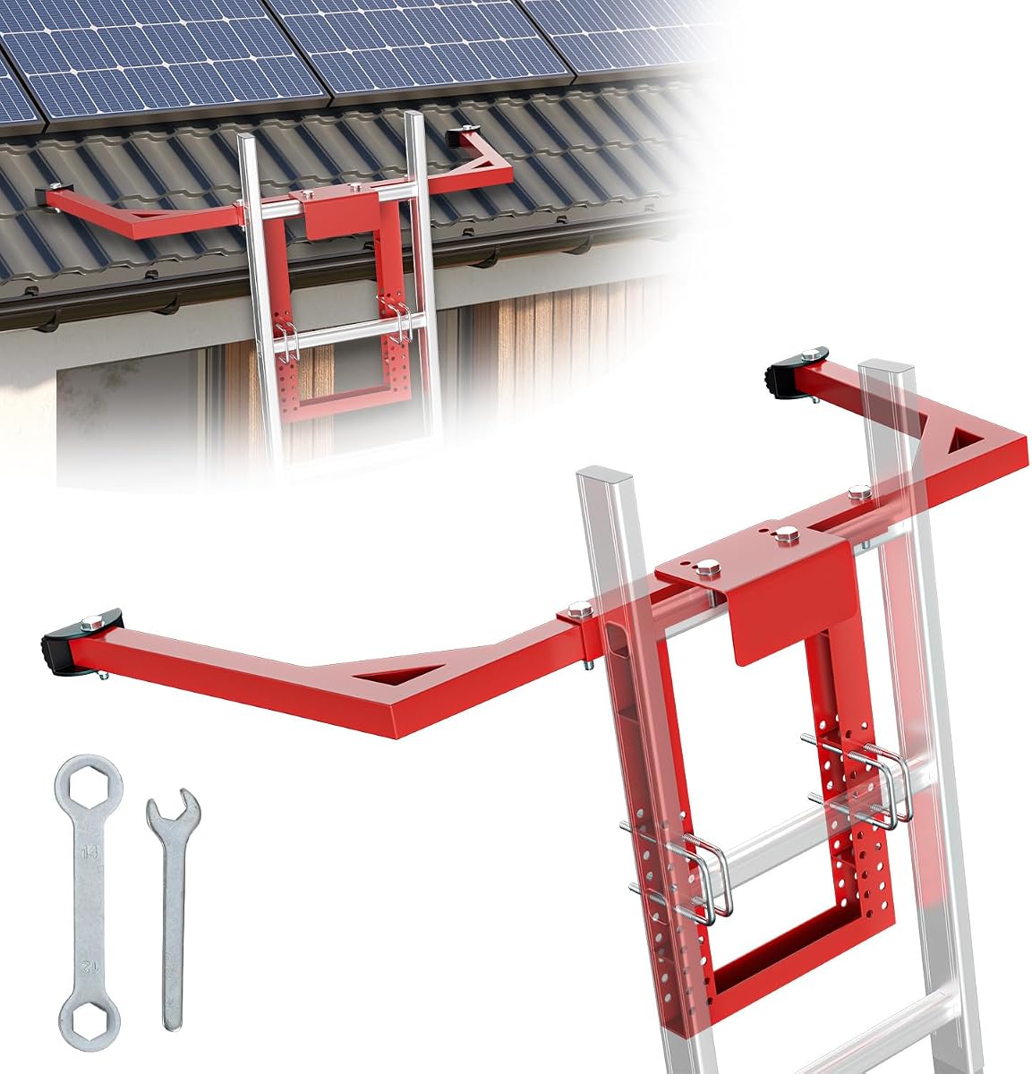 Estabilizador de escalera extensible con pies antideslizantes, ajustable, rojo | Estabilizador de escalera de alta resistencia con patas de goma antideslizantes, extensión de ala/pared para protección de seguridad; llave incluida
