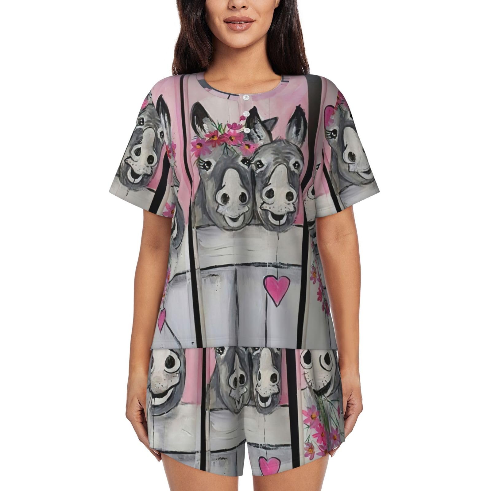Edwal Women's Black Donkey And Flower Print Pajama Sets Lounge Wear Set Soft Loungewear Short-Sleeved Pjs And Shorts