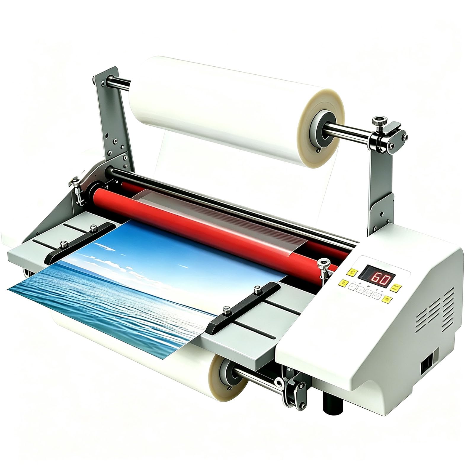 JOSBY Plastificatrice Fronte/Retro da Tavolo, Plastificatrice A Freddo E A Caldo, con velocità Regolabile, Display E 4 Rulli in Gomma, Preriscaldamento Rapido, Ideale per Scuole