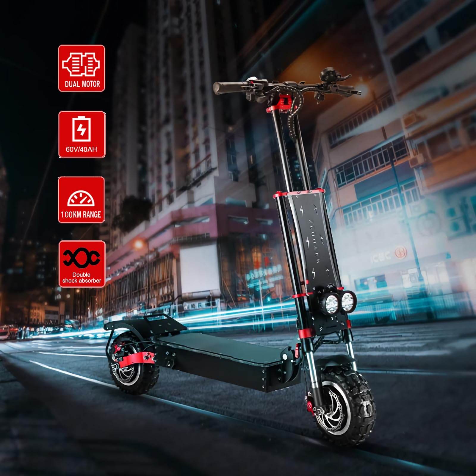 HWWH Patinete Electrico Adultos Potente Todoterreno Dual Motor Alta Gama Scooter Electrico Plegable Carga 200kg 11in Neumáticos de Vacío Todoterreno Batería de Litio de 60V 45Ah