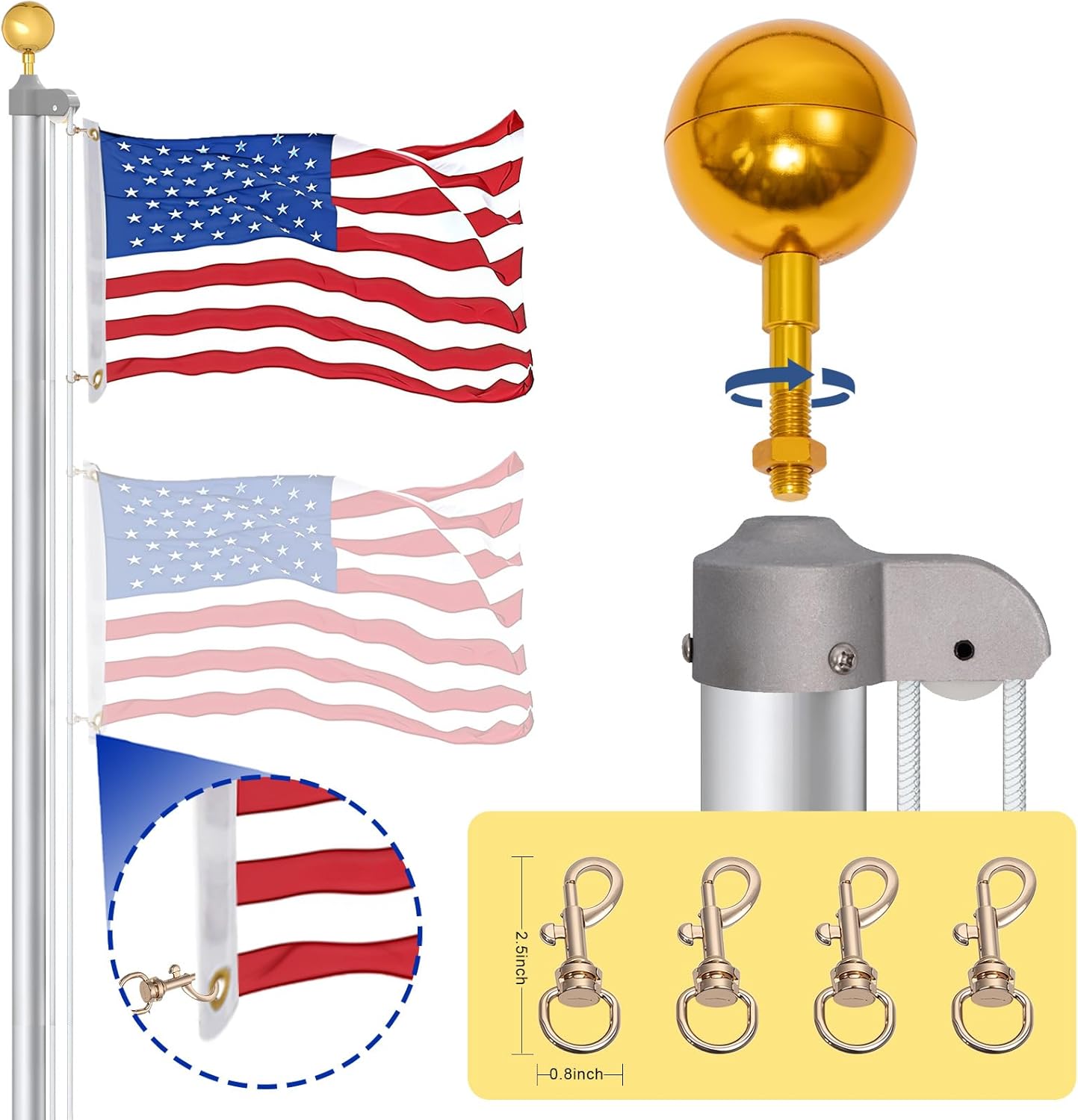 Flagpole Hardware Replacement Parts Kit Gold, 50 Ft Halyard Rope, Gold Ball Topper, Cleat Hook, 4 Metal Gold Swivel Snap Clips, Flagpole Pulley Truck for 1.6"-2" OD Tube