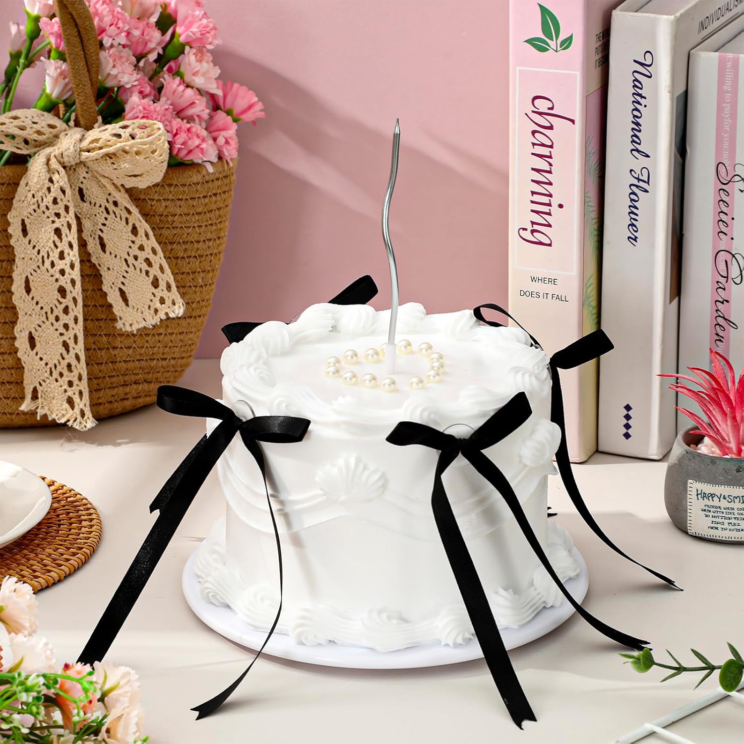 JarThenaAMCS 6 Inch White Fake Cake with Black Bows Round Artificial Cake Coquette Dessert Decor for Birthday Wedding Party Display Photo Props Supplies