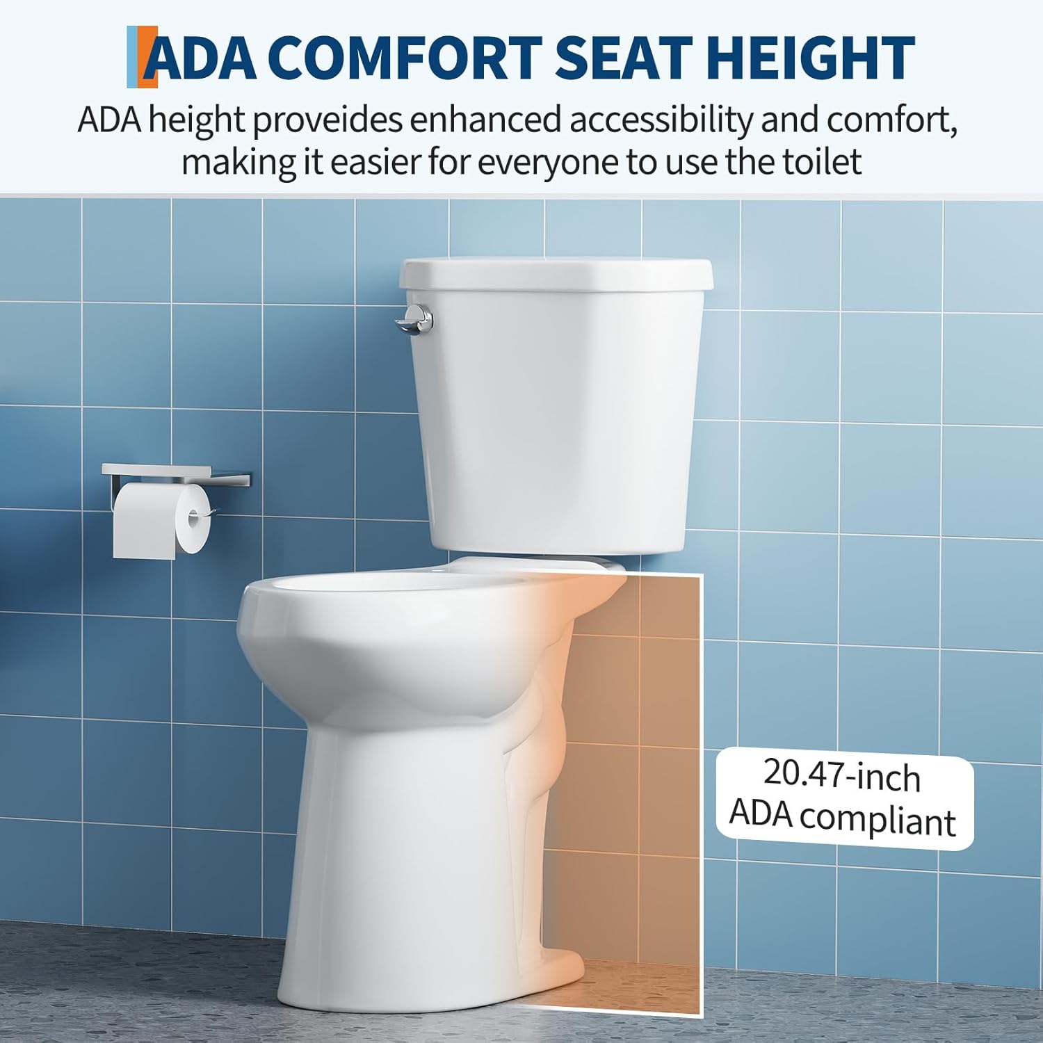 Two Piece Toilet with 21" Extra Tall Height, Elongated Ceramic Bowl without Lid - Side Push Handle, CUPC Certified, Water Efficient 1.28 GPF
