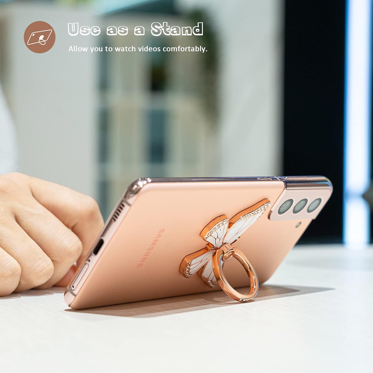 Butterfly Cell Phone Ring Holder, 360°Rotation Phone Ring Grip, Compatible with iPhone, Samsung Galaxy, LG Google Pixel, iPad, Rhinestones and Enamel (Rose Gold and White)