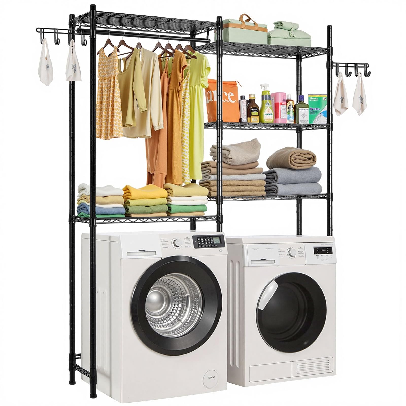 VEVOR Over The Washer and Dryer Storage Shelf, 5 Tier Laundry Room Drying Rack with Hanger Rod and Hooks, Adjustable Over Washer and Dryer Shelves,