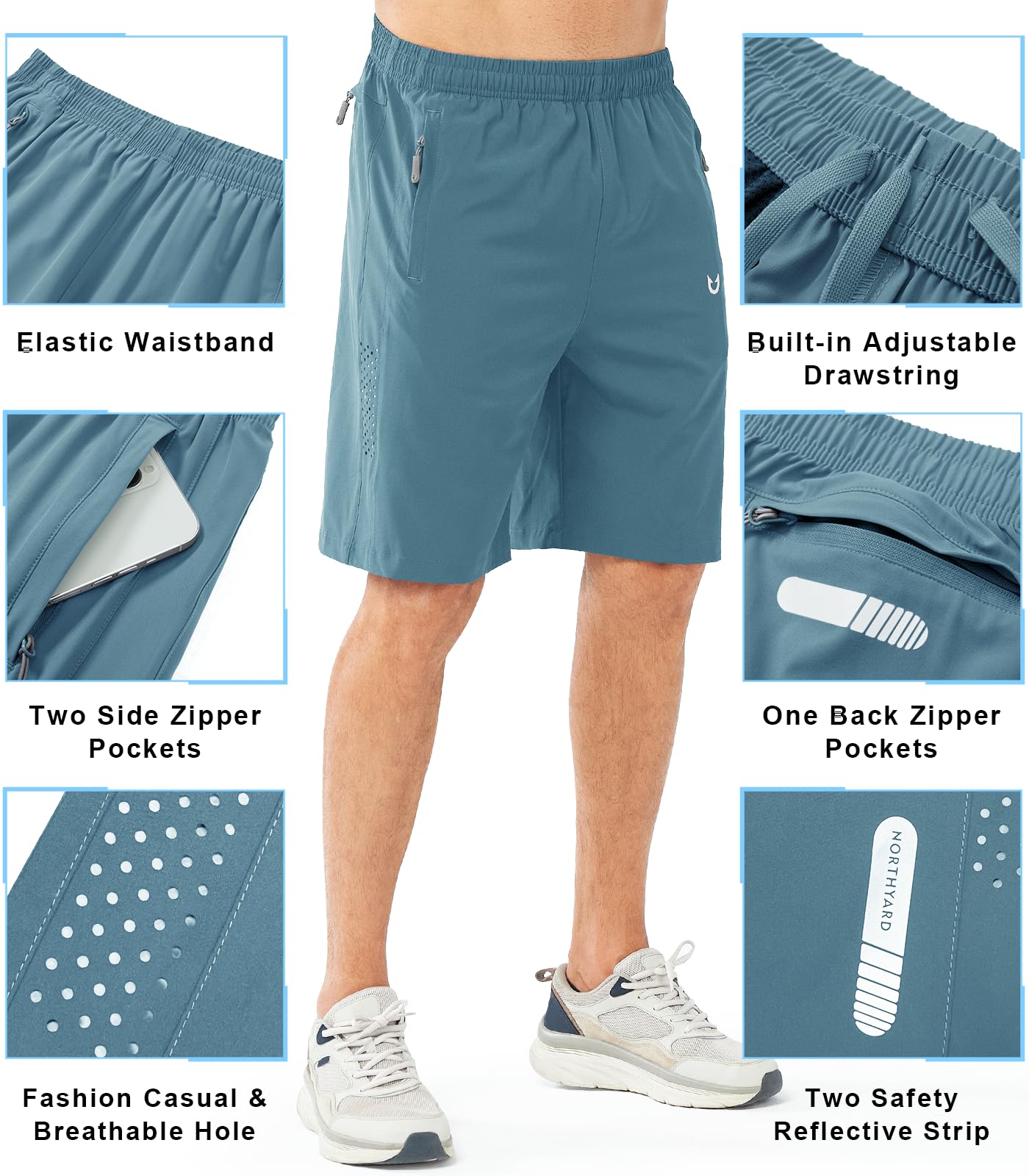 NORTHYARD Męskie sportowe spodenki do biegania szybkoschnące spodenki treningowe 17,8 cm/12,7 cm/23 cm lekkie sporty siłownia koszykówka tenis piesze wycieczki, Szaryniebieski, XL