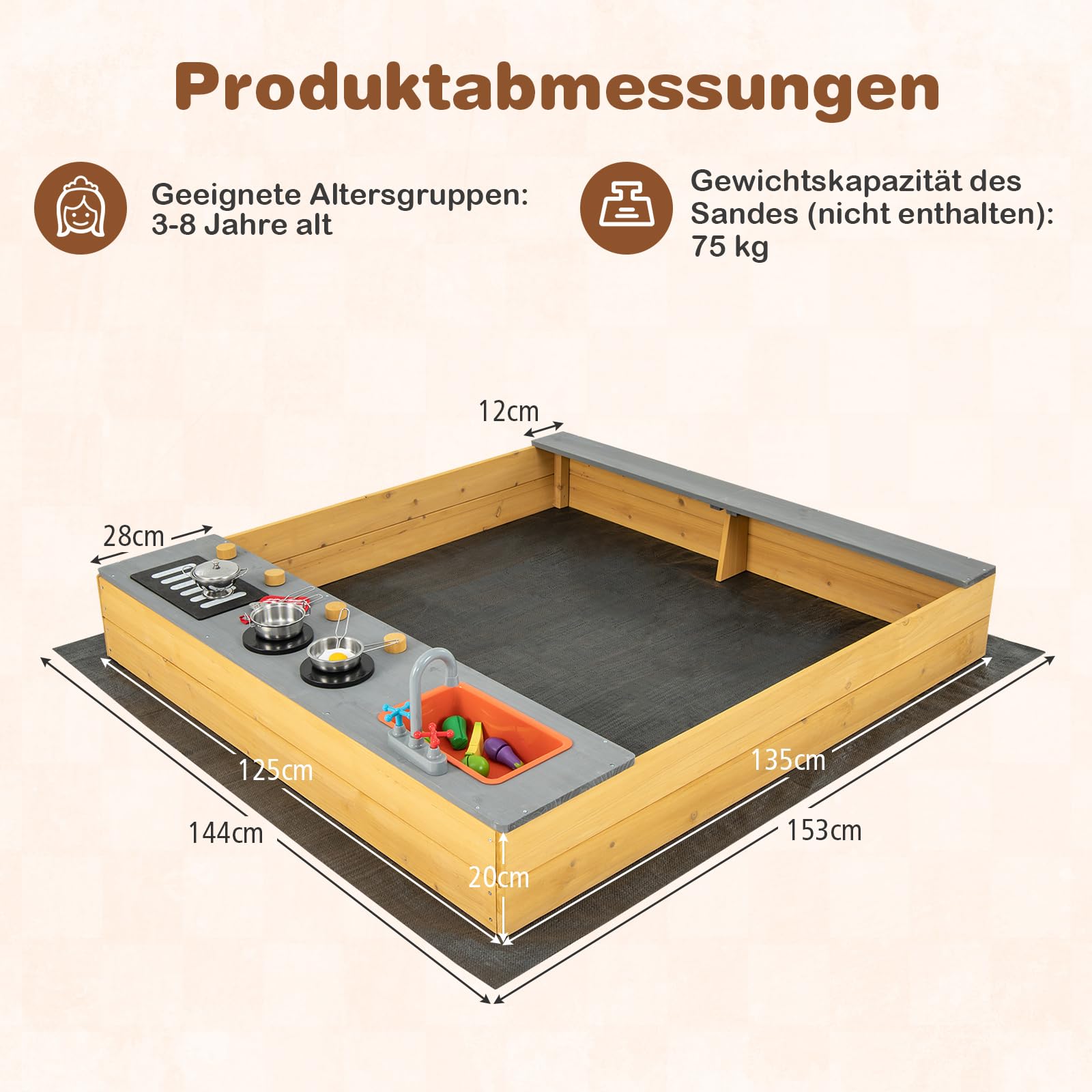 COSTWAY Sandkasten aus Massivholz, Sandkiste mit 9 Küchenzubehör & Wasserhahn & Waschbecken, Sandbox inkl. Bodenplane, Kindersandkasten Outdoor für Garten Strand Balkon