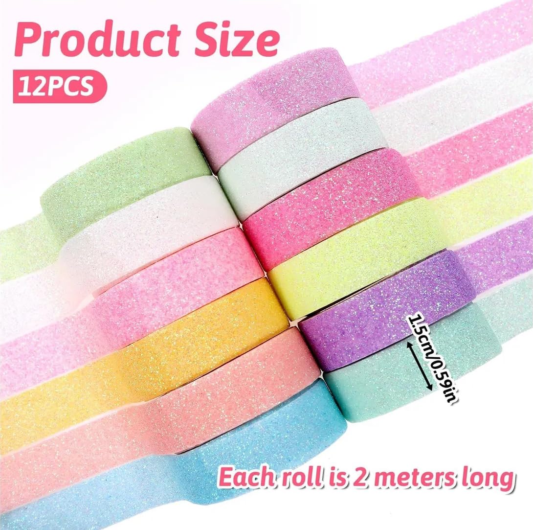 12 Rolls Glitter Washi Tape Set Christmas Washi Masking Tape Decorative Adhesive Tape for Scrapbooking DIY Crafts Crafters Embellished Journals Planners Cards Gift Wrapping Ribbons Wedding (B)
