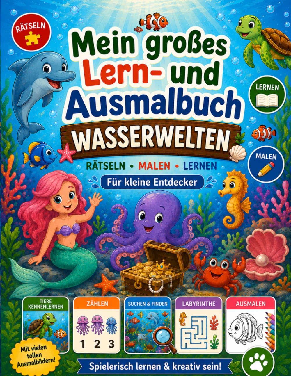 Mein großes Lern- und Ausmalbuch – Wasserwelten: Rätseln, Malen, Lernen für kleine Entdecker