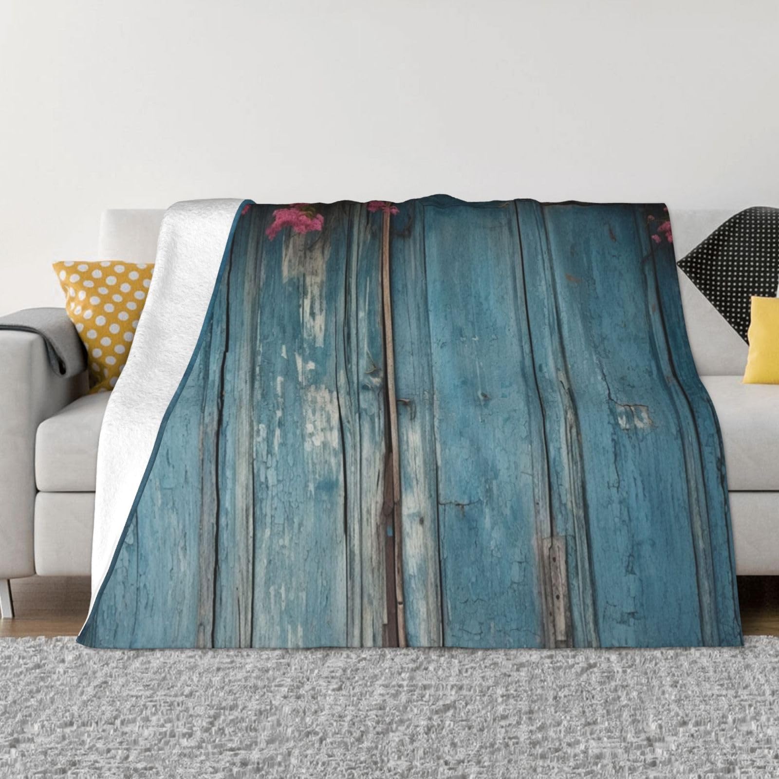 Couverture polaire vintage pour canapé et lit bleu imprimé bois