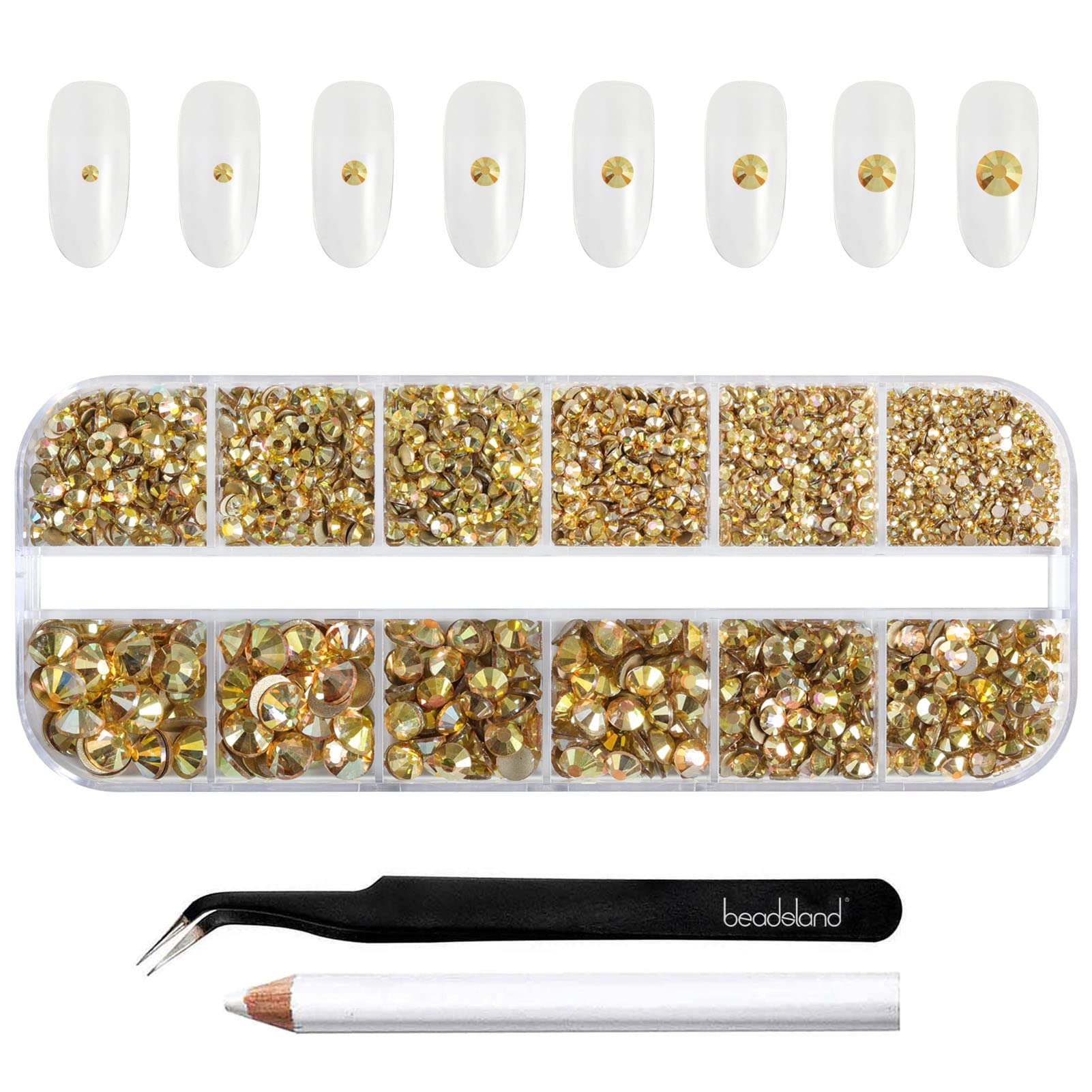 Beadsland Rhinestones for Makeup,8 Sizes 2500pcs Gold Flatback Rhinestones Face Gems for Nails Crafts with Tweezers and Wax Pencil,Metal Sunlight,SS4-