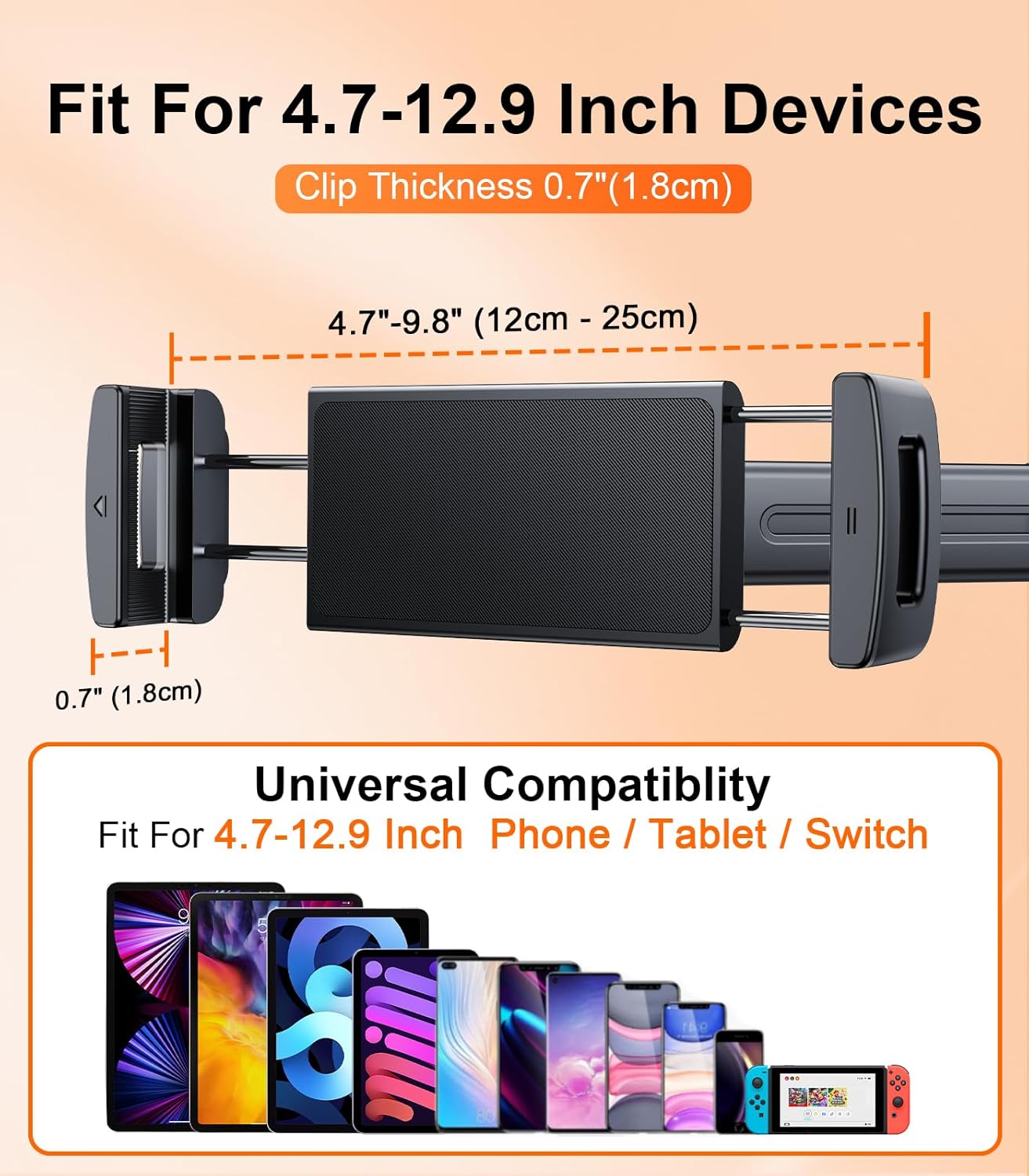 Extension Arm Tablet Holder for Car Headrest, Adjustable iPad Holder for Car Backseat Rear Facing for Kids Baby, Car Mount Fit for 4.7"-13" Cell Phone iPad mini Air Pro 12.9 Switch Fire, Black