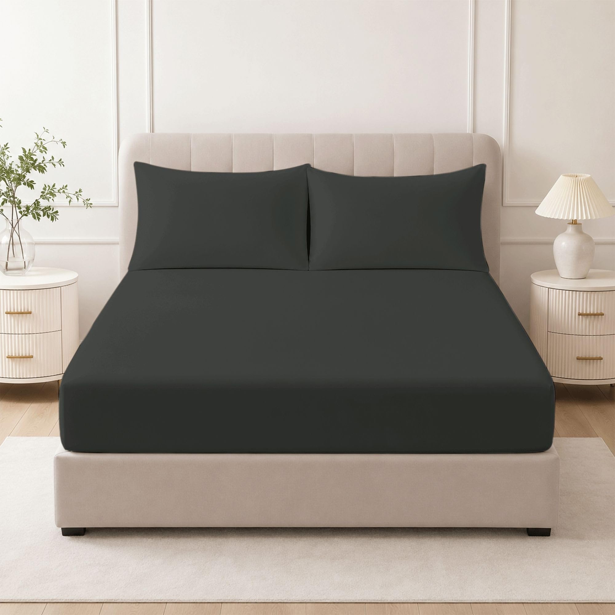 Bloombedding Charcoal 100% Egyptian Cotton 400Tc 3Pc King Size Fitted Sheet Set, 25Cm Deep Pocket