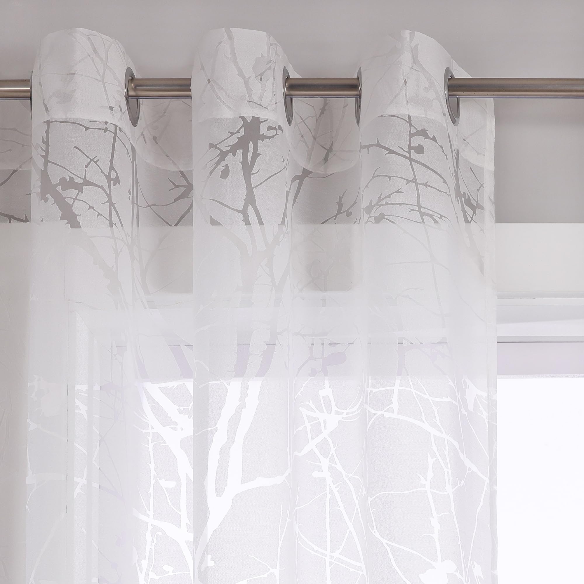 Delien Voile Ausbrenner Gardine mit Äste Muster transparenter Vorhang mit Ösen Wohnzimmer Gardinenschals BxH 140x245cm Weiß 1 St.
