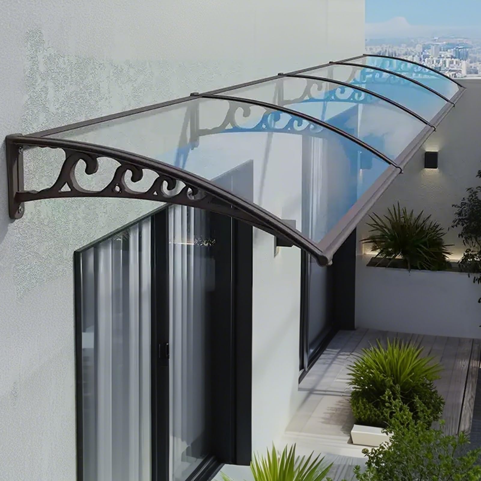 Auvent de porte en tôle creuse polycarbonate avec cadre métallique clair