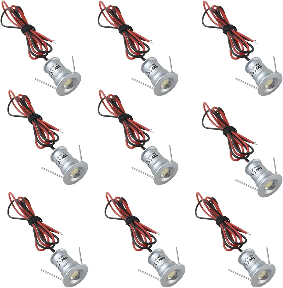 AIBOO Luzes LED sob armário de 12 V 9 pacotes de mini downlights embutidos para ambientes internos com cabo rígido e conectores para iluminação de vitrine de móveis de escada (branco quente)