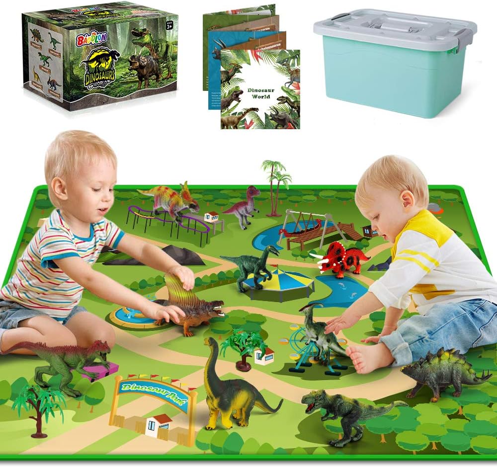 Dinosaur Toys with 10 Realistic Dinosaur Figures, Activity Play Mat & Trees for Creating a Dino World Incl T-rex, Triceratops, etc, Dinosaur Playset Gifts for Kids, Boys & Girls 3, 4, 5, 6 Years Old