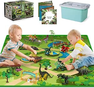 Dinosaur Toys with 10 Realistic Dinosaur Figures, Activity Play Mat &amp; Trees for Creating a Dino World Incl T-rex, Triceratops, etc, Dinosaur Playset Gifts for Kids, Boys &amp; Girls 3, 4, 5, 6 Years Old