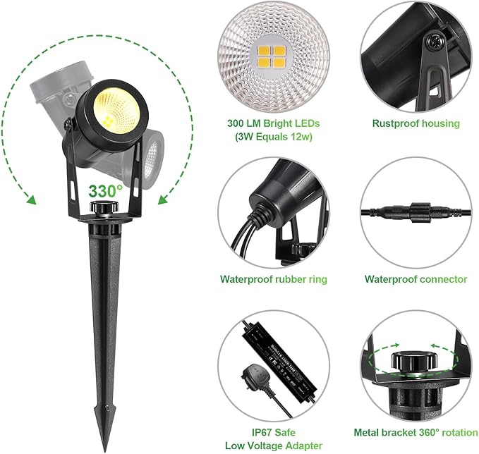 IRISECO Tuinverlichting LED, 15m 4 stuks Tuinspots met Grondpen IP65 Waterdicht 12V 3W Tuinlampen met Power voor Buiten Tuin Gazon Pad Boom Binnenplaats Achtertuin Vijver Hek Terras Warm Wit (1200LM) photo 2