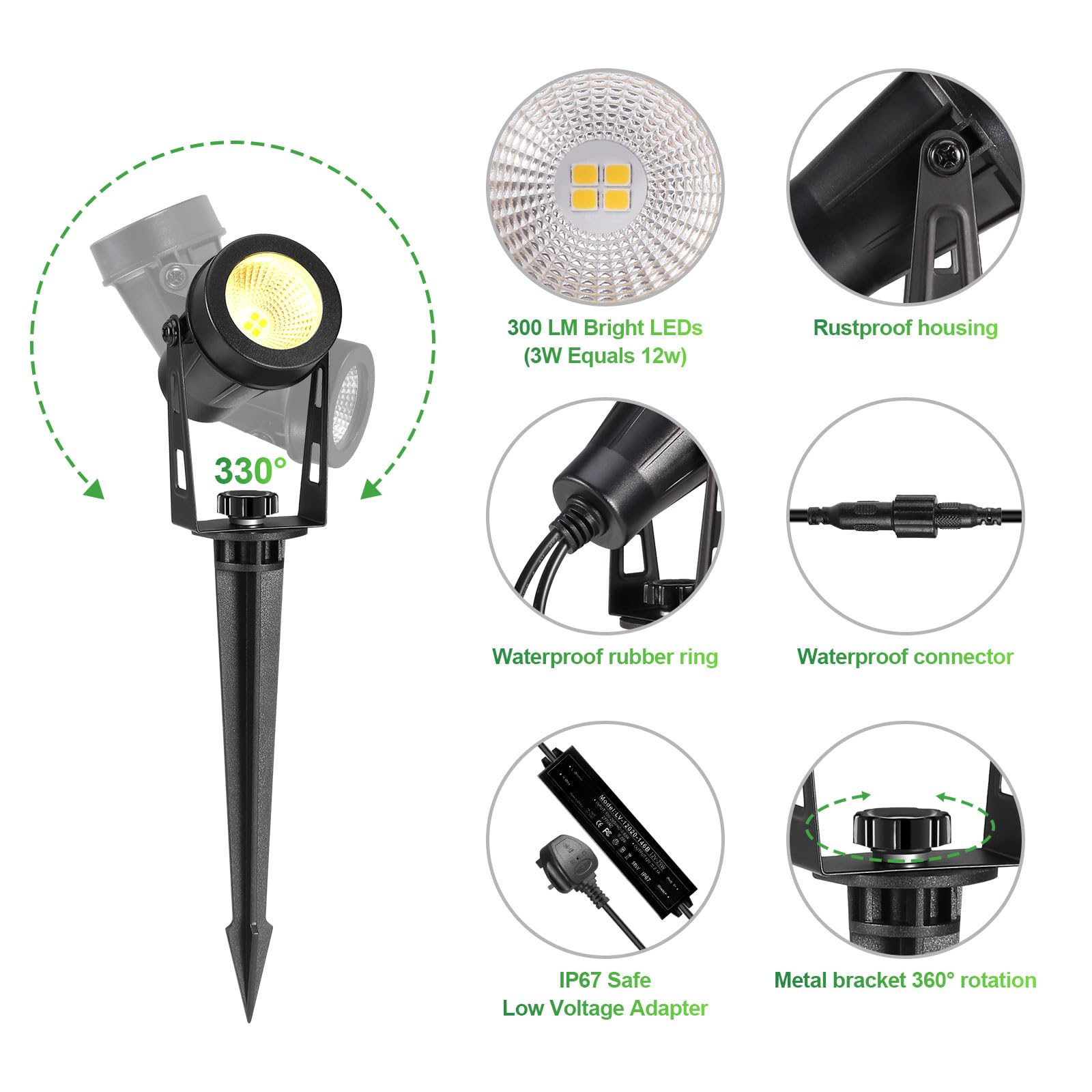 IRISECO Tuinverlichting LED, 15m 4pcs Tuin Spotlight met Power Ground