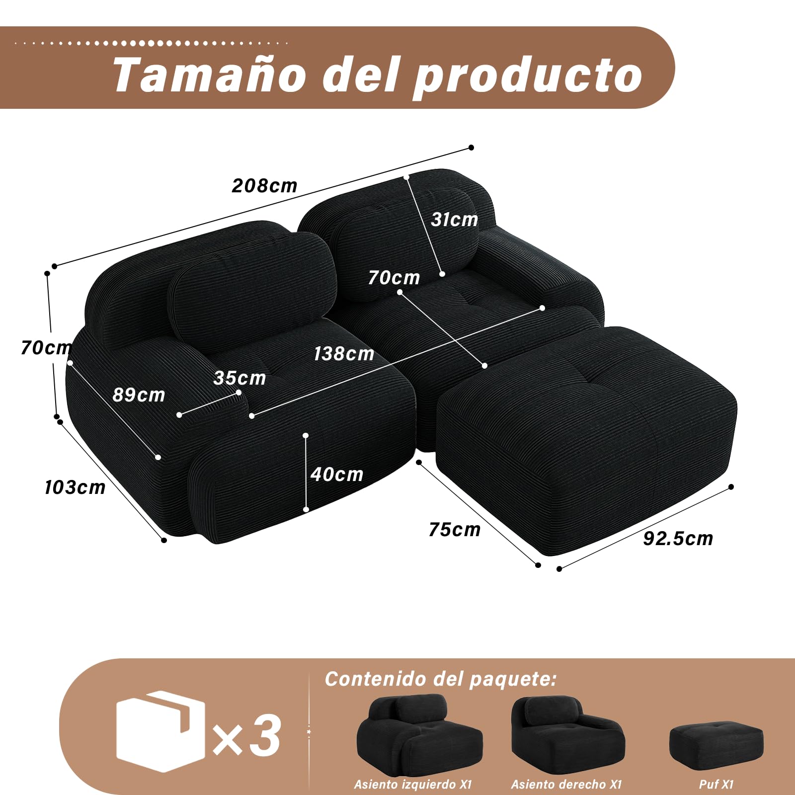 SoarFlash Sofá Moderno Modular, Tela côtelé, Asiento Profundo + reposabrazos Anchos, sin Necesidad de ensamblaje, sofá 2 plazas Tipo L, Negro