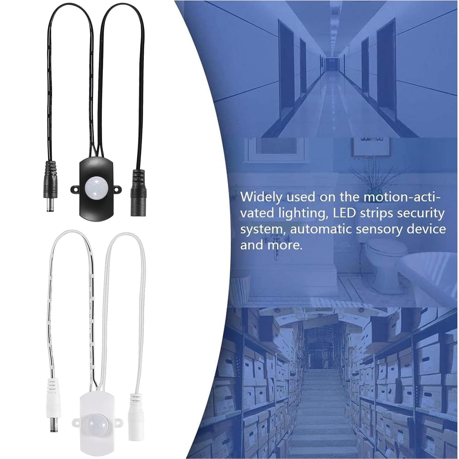 2PCS Mini Pir Motion Sensor Switch, DC 5-24V Auto PIR Infrared Motion Sensor Detector LED Light Strip Switch 5.5 DC Plug for DIY LED Lighting, Light Sensor, Time & Distance Adjustable (Black & White)