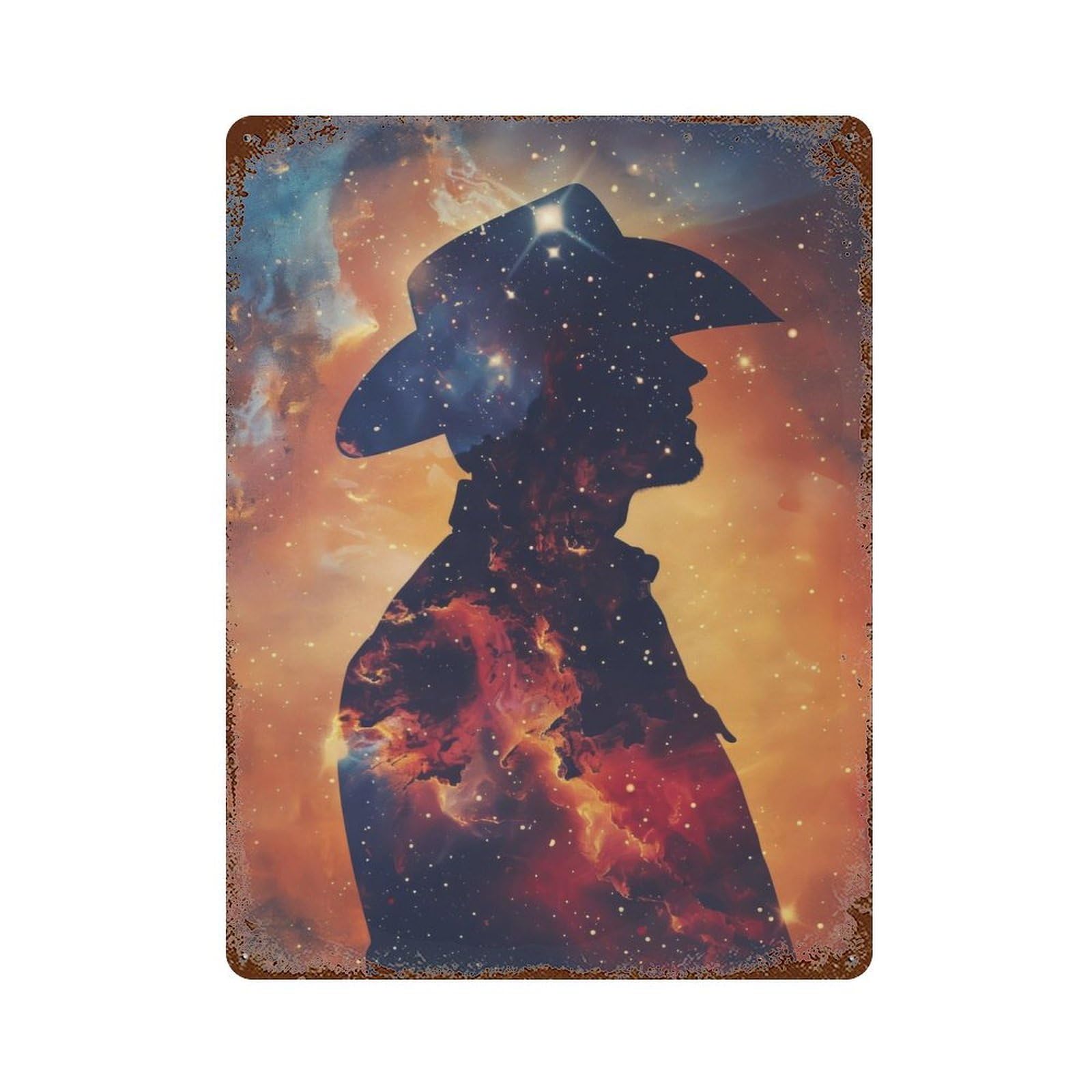 Cowboy Galaxy Silhouette 15.7"x11.8" Rusty Metal Tin Sign, Shabby Chic Decor for Bistro, Counter And Cafe Decor