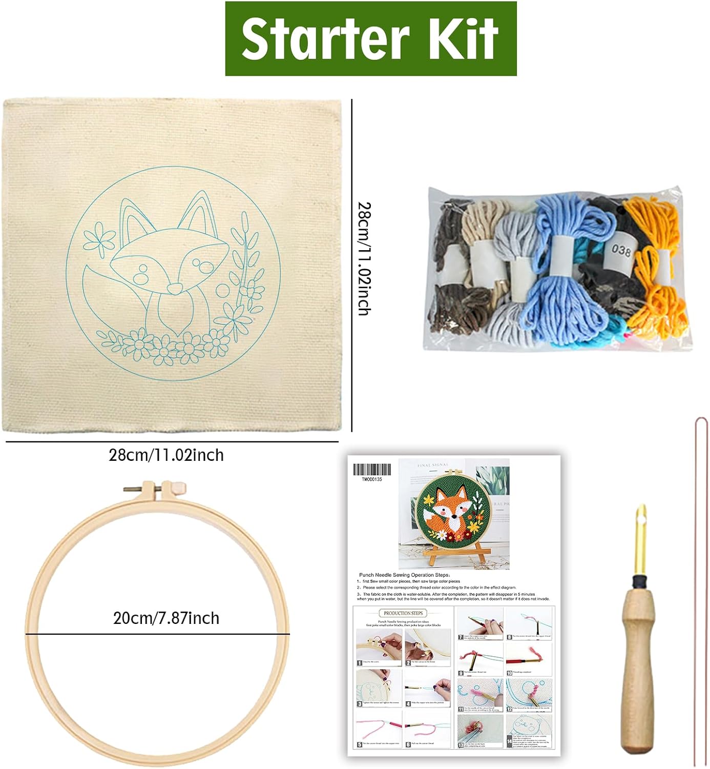 JOZYSH Punch Needle Embroidery Starter Kits for Beginners Cute Cartoon Animal Embroidery Hoops,Color Threads,Instructions and Needles,DIY Adults Embroidery (Fox)